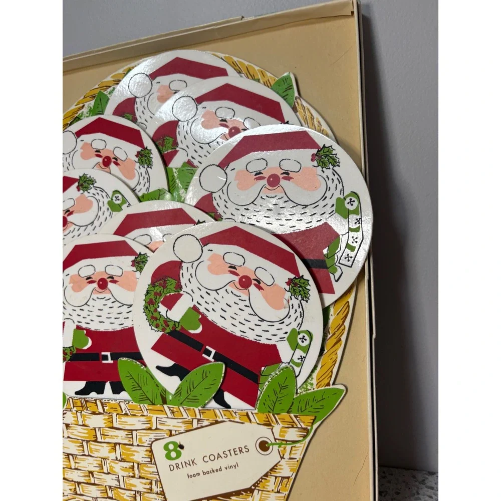Vintage Santa Claus Drink Coasters 8 Piece Set Foam Backed Vinyl Christmas